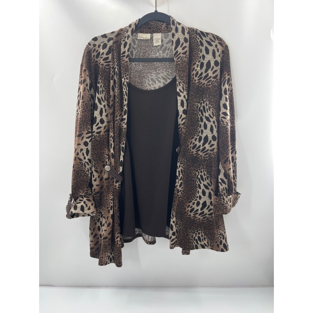 Kim Rogers Womens Brown Leopard Print Cardigan and Tank Top Set Size Large
